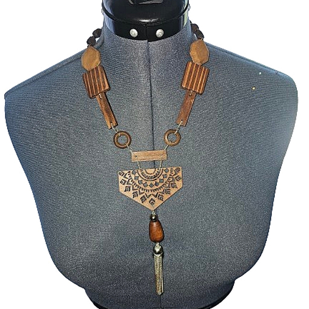 Wooden beaded necklace and 2 set wooden earrings set